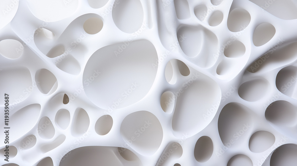 Abstract close-up of a white organic structure with interconnected smooth shapes and irregular holes, resembling cellular forms. Abstract close-up of a white organic structure with interconnected smooth shapes and irregular holes, resembling cellular forms.