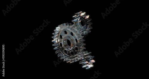 Endless animation of 3d glass spinning gears. Render transparent cog wheels with overlay dispersion light, rainbow gradient.Animated looped gearshift with refraction effect isolated on dark background