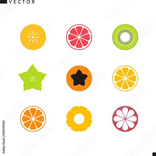 Cut fruit top view. Exotic fruit icon set
