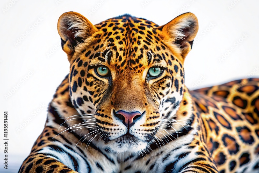 Obraz premium Majestic Leopard Close-Up: Stunning Spotted Fur and Piercing Gaze on Plain Background