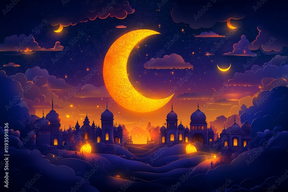 Fototapeta premium Majestic Crescent Moon Over a Festive Mosque Landscape