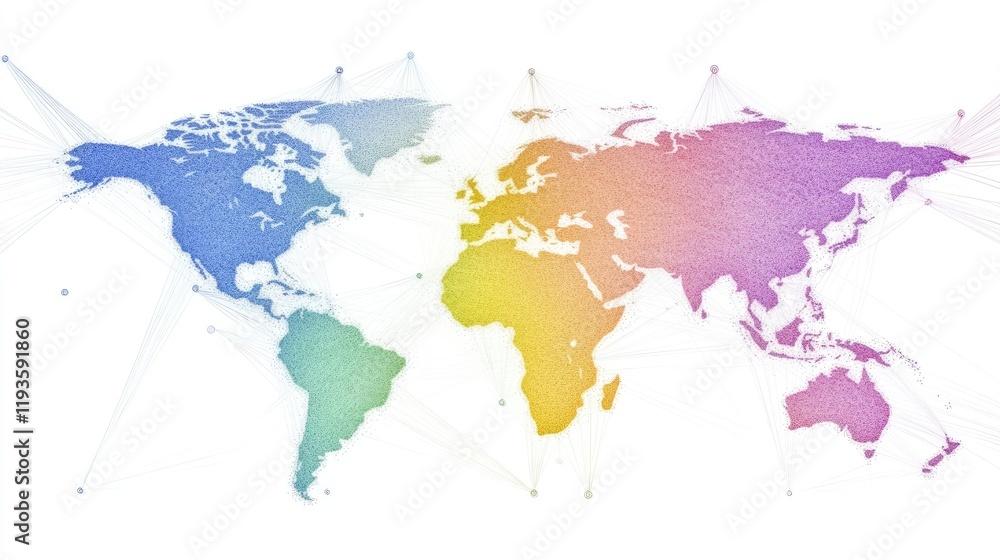 Fototapeta premium Colorful Digital World Map with Network Connections and Gradient Overlay