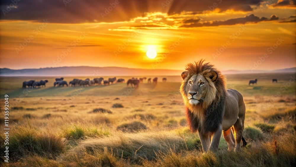 Obraz premium Majestic Lion Sunset: Tilt-Shift Wildlife Panorama