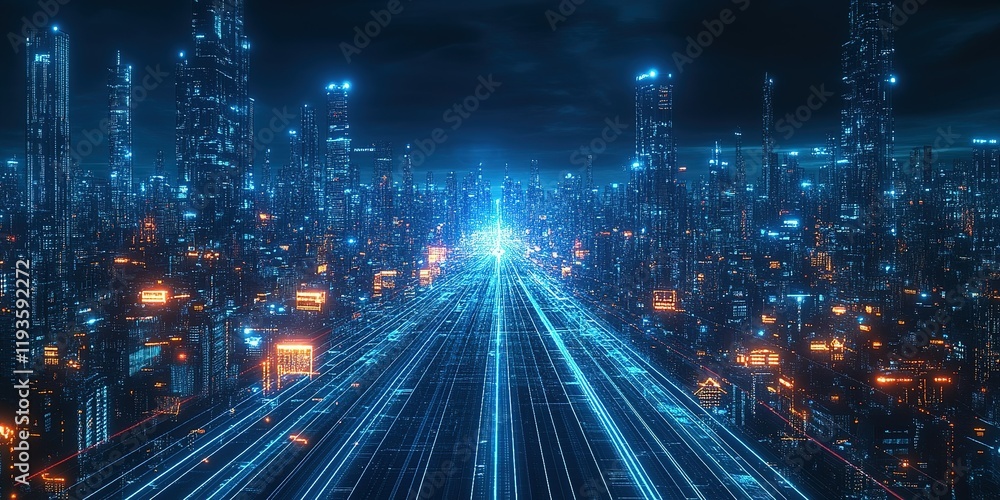 Fototapeta premium Futuristic cityscape illuminated by neon lights in a digital skyline at night