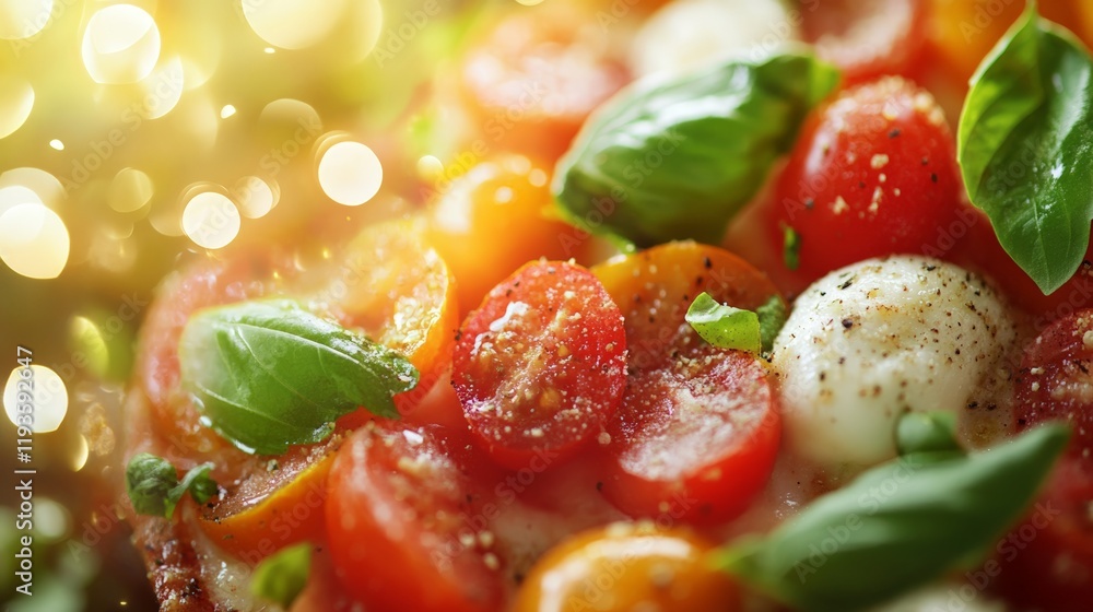 Close-up of fresh caprese salad with cherry tomatoes and basil Close-up of fresh caprese salad with cherry tomatoes and basil