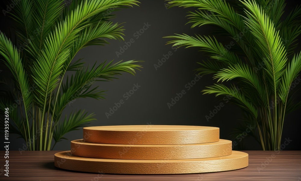 Wooden display pedestals with greenery backdrop Wooden display pedestals with greenery backdrop