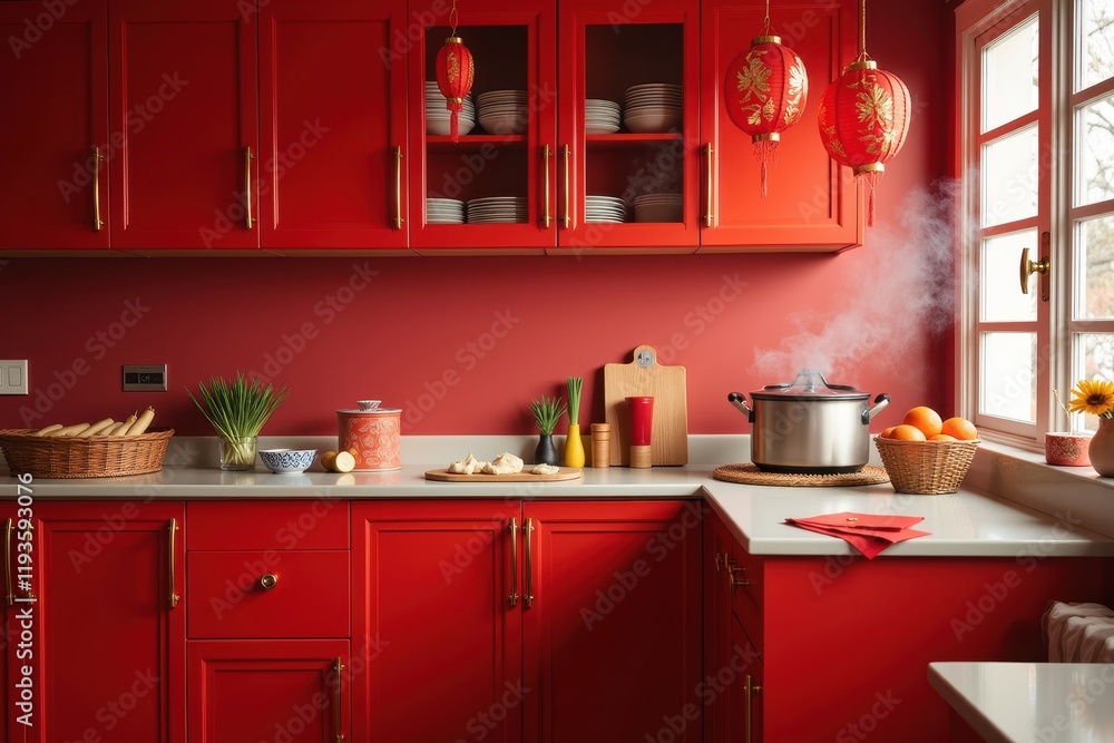 Cozy Chinese New Year Cooking Space with Red Decor, Decorations, and Steaming Pot Promoting Festive Atmosphere of Celebration and Traditional Cuisine Cozy Chinese New Year Cooking Space with Red Decor, Decorations, and Steaming Pot Promoting Festive Atmosphere of Celebration and Traditional Cuisine