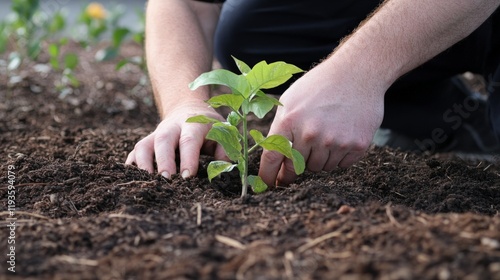 Close-up of hands planting a young seedling in rich soil photo