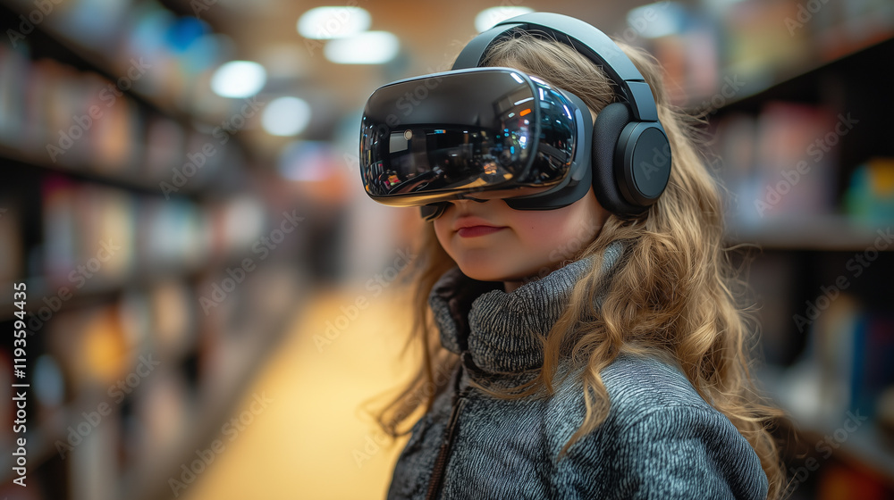 A girl in virtual reality at the library. A girl in virtual reality at the library.
