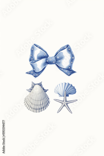 Blue polka dot bow with seashells and starfish on white background