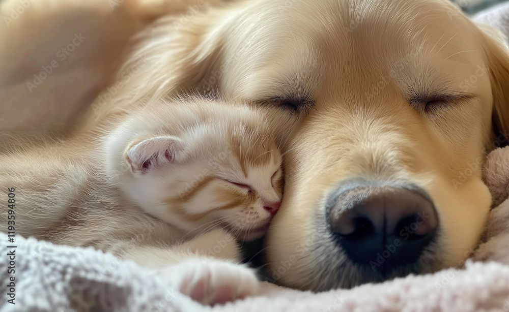 Adorable golden retriever puppy and gray kitten cuddling together on a cozy beige blanket, symbolizing friendship and warmth. Adorable golden retriever puppy and gray kitten cuddling together on a cozy beige blanket, symbolizing friendship and warmth.