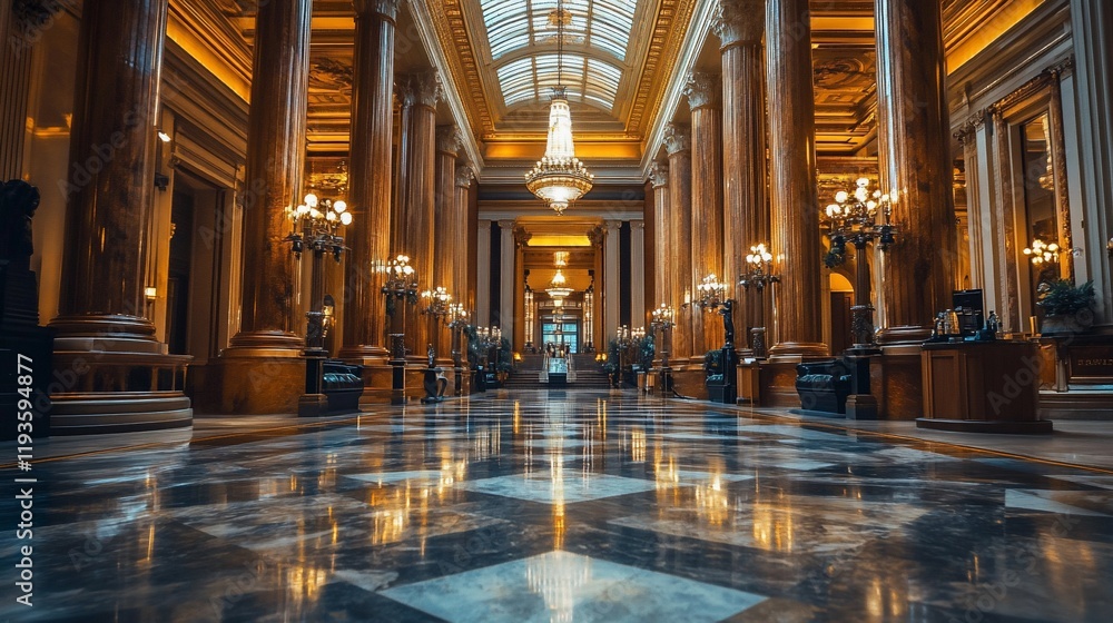 Fototapeta premium Grand Hall Interior With Gilded Columns And Chandelier