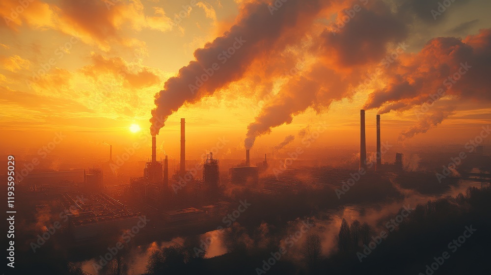 Obraz premium Majestic Sunrise Over Industrial Landscape with Smokestacks Emitting Thick Plumes of Smoke into the Vibrant Orange and Yellow Sky, Highlighting Environmental Concerns