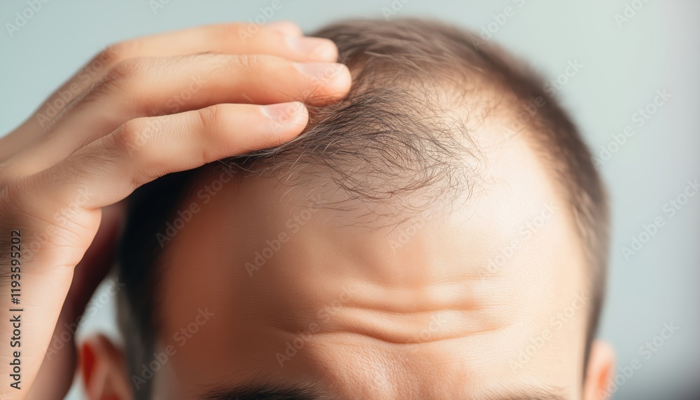 Close-Up Of Doctor Marking Young Man'S Forehead For Hair Loss Problem On A Light Background. A Personalized And Detailed Examination. Close-Up Of Doctor Marking Young Man'S Forehead For Hair Loss Problem On A Light Background. A Personalized And Detailed Examination.