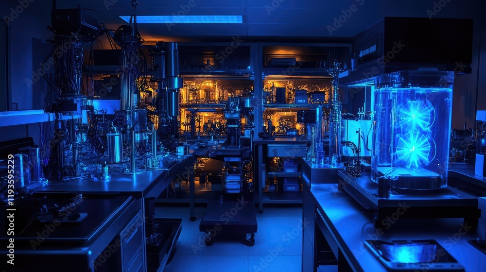 High-tech quantum research lab with quantum entanglement experiments and glowing qubits in motion High-tech quantum research lab with quantum entanglement experiments and glowing qubits in motion