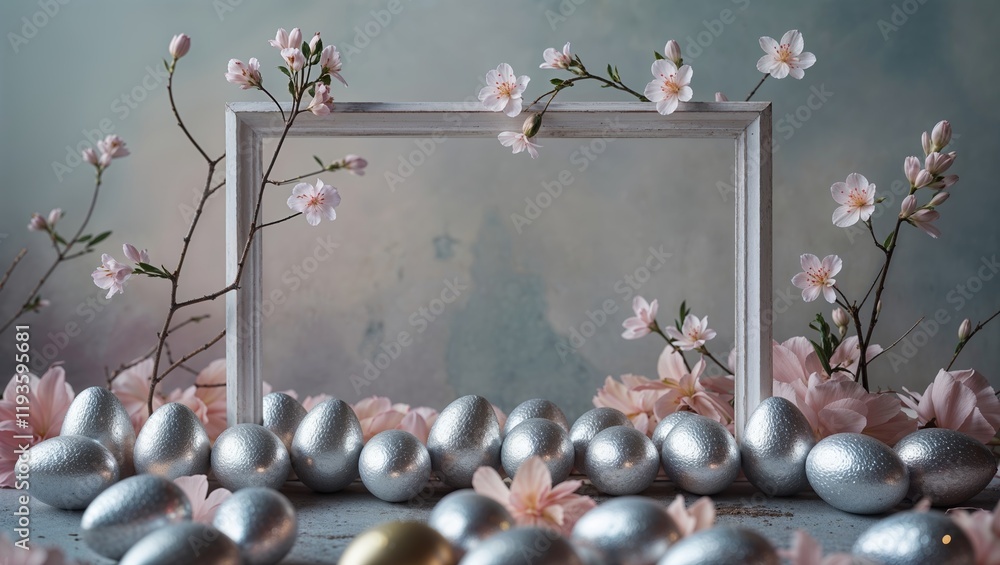 Fototapeta premium Elegant Silver Easter Eggs with Pink Flowers and Frame