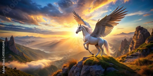 Majestic Pegasus Soaring: Fantasy Horse Taking Flight on Mountain Peak at Sunrise photo