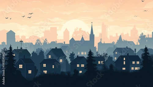 Charming Town Skyline Featuring Small City Houses, Factory Buildings, And Old Church Roofs In A Simple Residential Neighborhood Scene photo