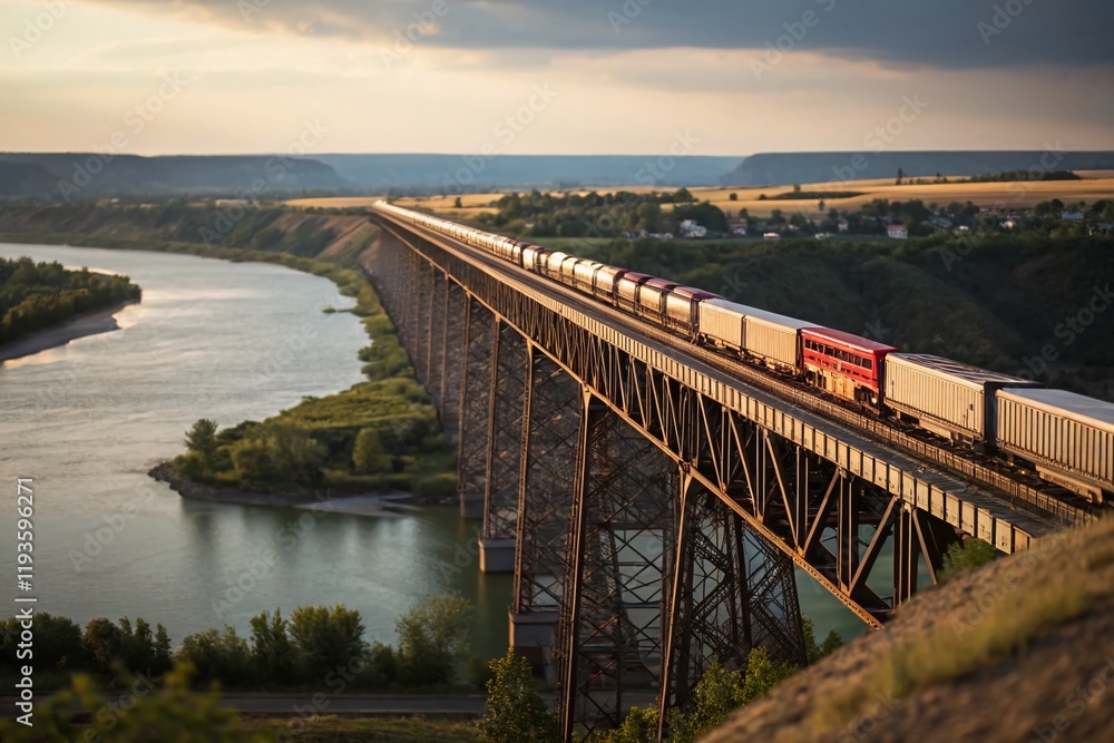 Majestic Railway Bridge with Passing Train - High Resolution Stock Photo Majestic Railway Bridge with Passing Train - High Resolution Stock Photo