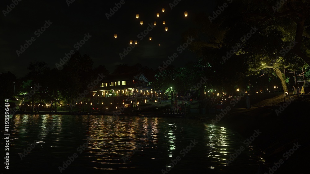 Night festival with floating lanterns over riverside celebration Night festival with floating lanterns over riverside celebration