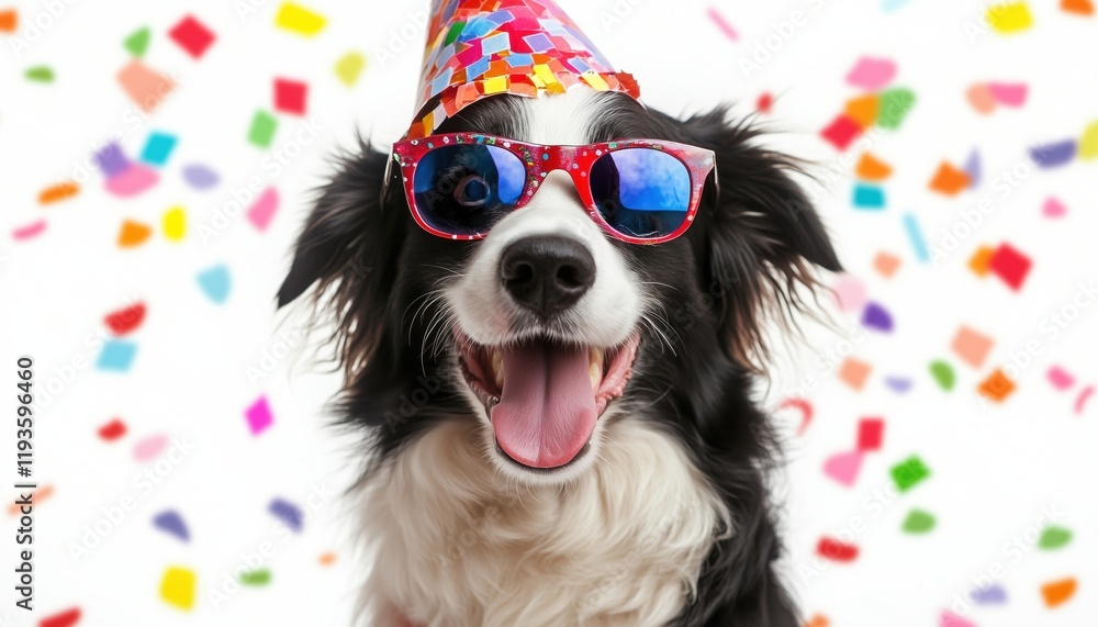 Funny And Cute Birthday Party With A Border Collie Dog In Silly Hat And Glasses On A White Background. Celebrating Pet'S Special Day. Funny And Cute Birthday Party With A Border Collie Dog In Silly Hat And Glasses On A White Background. Celebrating Pet'S Special Day.