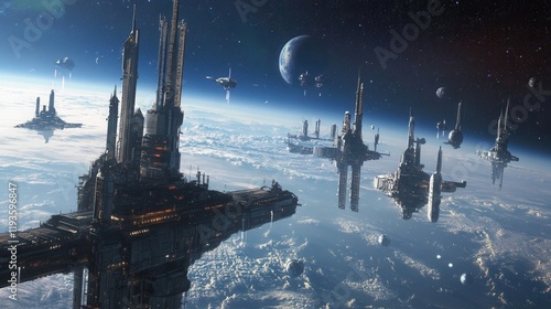 Fototapeta Naklejka Na Ścianę i Meble -  Futuristic Space Stations Orbiting a Planet in Outer Space