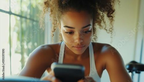 Afro Young Fitness Girl Takes Selfie While Exercising On Exercise Bike At Home, Multitasking With Mobile Phone. photo