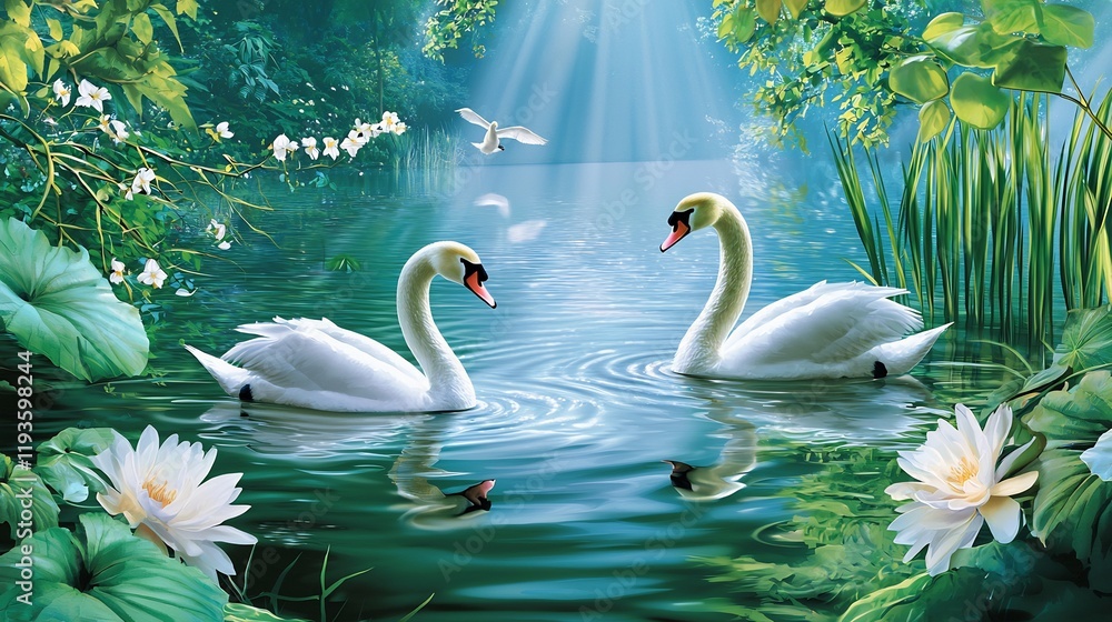 Obraz premium Two swans in a serene pond, illuminated by sunlight, beautiful floral setting. Possible use Wallpaper, desktop background