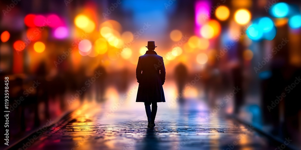 Fototapeta premium A person in a tall hat walks down a city street illuminated by colorful lights, creating a mysterious and atmospheric scene. Concept Urban Nightlife, Mysterious Stroll, Colorful City Lights
