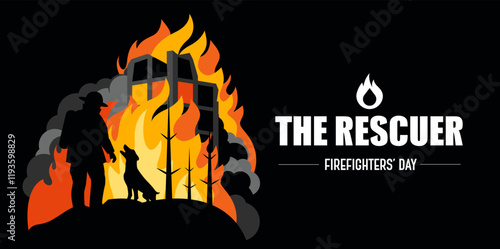 The Rescuer banner. A Brave Firefighter and His Loyal Dog Amidst the Ruins of a Burning Building
