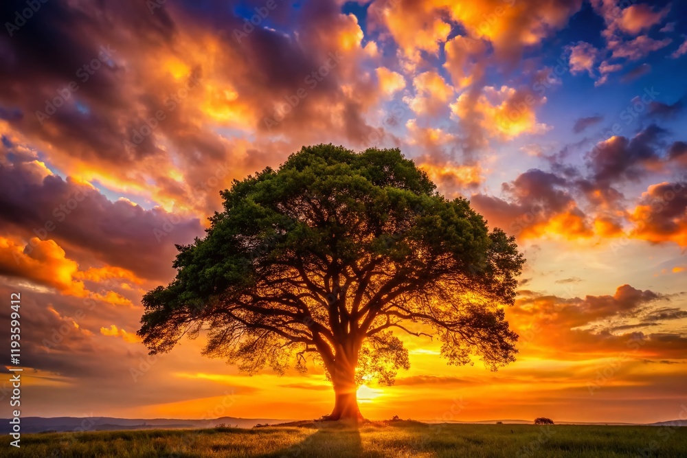 Fototapeta premium Majestic Sunset Silhouette of a Lone Tree - Stunning Nature Photography
