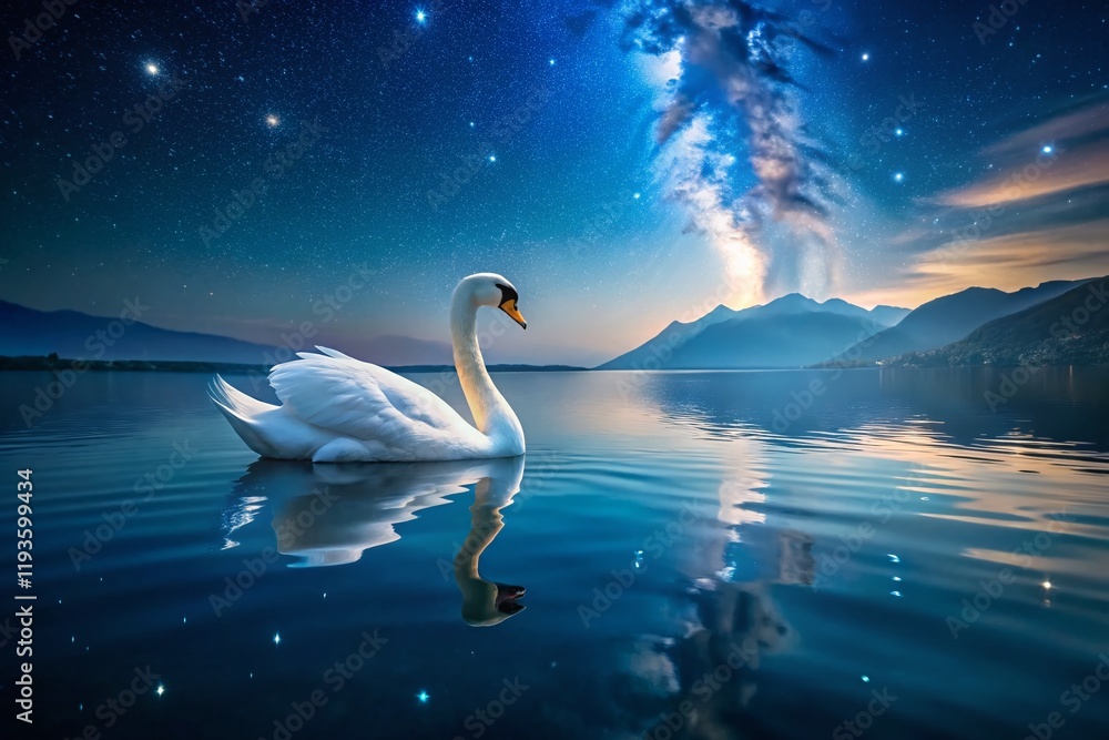 Fototapeta premium Majestic Swan at Dusk, Lake Garda, Italy - Night Photography