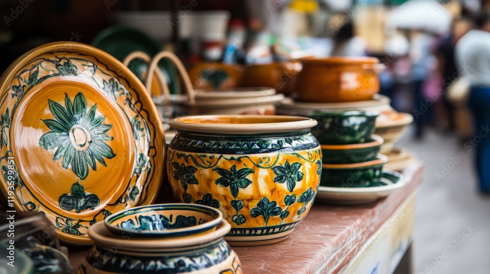 Fototapeta premium Colorful handcrafted ceramic pottery display at outdoor market