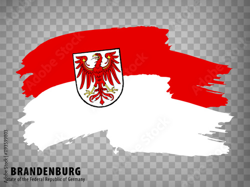 Flag Brandenburg of Germany, brush stroke background.  Waving Flag Brandenburg with Coat of arms and with title on tranparent backrgound  for your web site design, logo, app, UI.  EPS10.