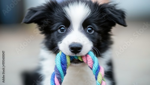 Adorable Border Collie Puppy Smiling With Colorful Rope Toy: A New Playful Addition To The Family Home, Enjoying Quality Time With Owner. Pet Care And Animal Companionship. photo