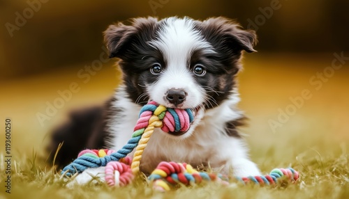 Adorable Border Collie Puppy With Colorful Rope Toy: A Funny And Heartwarming Addition To The Family For Pet Care And Playtime photo