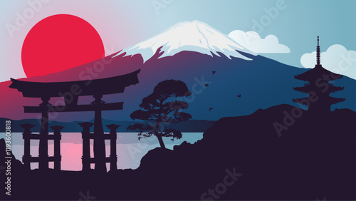 Silhouette vector background of Japanese landscape. Mount Fuji, red rising sun, traditional torii gate, pagoda building, tiered tower of Asia, pine tree on a rock, flying birds, lake. Japan scene