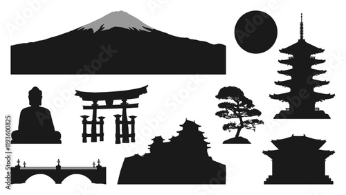 Set of silhouettes of Japanese famous sights, attractions. Mount Fuji, traditional Asian buildings, torii gate, Big Buddha statue, pagoda, Asia tiered tower, bridge, castle, shrine, pine tree, sun