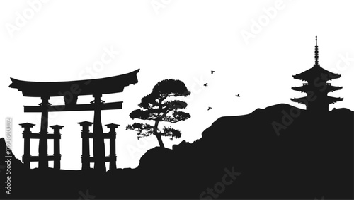 Silhouette of Japanese landscape with torii gate, pine tree on a rock, flying birds, ancient pagoda. Japan scene with traditional Asian buildings. Black vector illustration on a transparent background