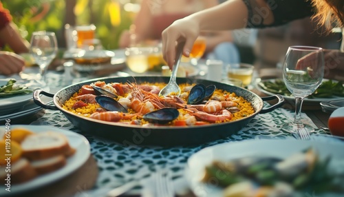 Fototapeta Naklejka Na Ścianę i Meble -  Young Caucasian Serving Traditional Spanish Seafood Paella From Paellera On Table For Lunch In Closeup Shot