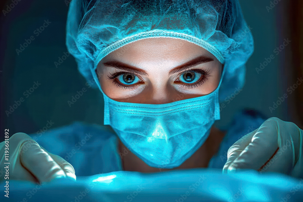 Focused surgeon during a critical operation under surgical lights Focused surgeon during a critical operation under surgical lights