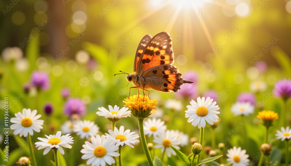 Vibrant butterfly on daisy in sunlit meadow - perfect for nature blogs, wildlife websites, spring greeting cards, and environmental awareness campaigns Vibrant butterfly on daisy in sunlit meadow - perfect for nature blogs, wildlife websites, spring greeting cards, and environmental awareness campaigns