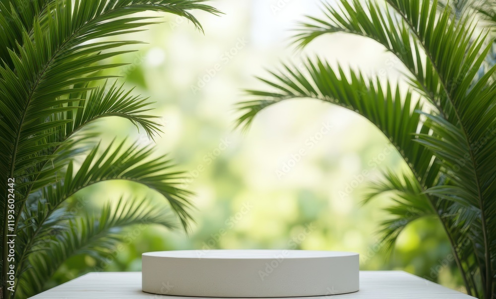 Minimalist display surrounded by lush greenery Minimalist display surrounded by lush greenery