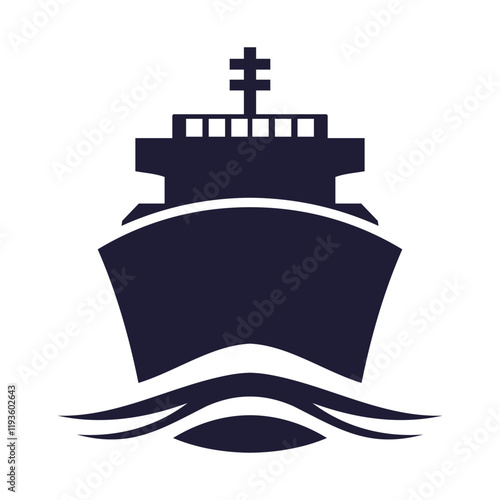Large cargo ship silhouette navigating through ocean waves at sunset with minimalistic design