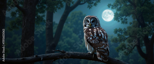 Majestic owl perched on branch under full moon - perfect for nature blogs, wildlife websites, nocturnal animal education, and mystical forest-themed designs photo