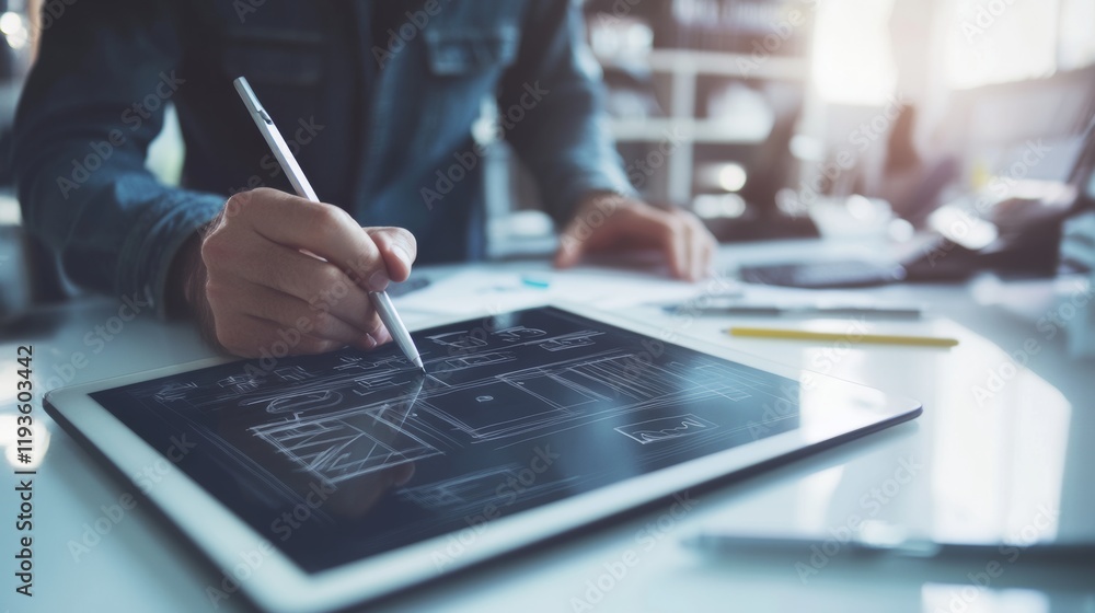 A designer sketching ideas on a digital tablet in a modern studio, Creative innovation theme, Contemporary style A designer sketching ideas on a digital tablet in a modern studio, Creative innovation theme, Contemporary style