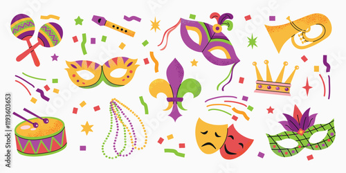 Основные RGBMardi Gras carnival elements icons collection set illustrations. Mask with feathers, beads, crown, music instruments, fleur de lis