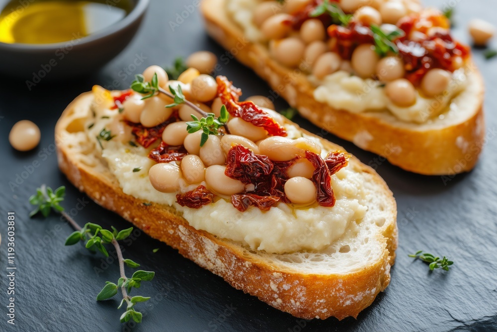 Crispy toasted baguette slices topped with a white bean puree, drizzled with olive oil, and garnished with sun-dried tomatoes and a sprig of thyme Crispy toasted baguette slices topped with a white bean puree, drizzled with olive oil, and garnished with sun-dried tomatoes and a sprig of thyme