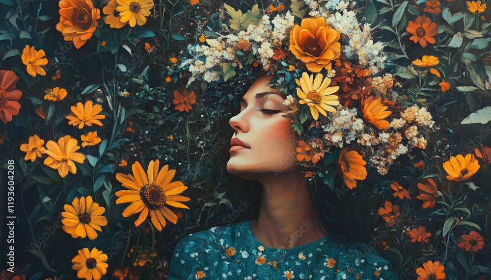 Woman Adorned With A Floral Wreath Standing In A Sunlit Garden, Captured In A Serene Moment In Nature'S Beauty. Woman Adorned With A Floral Wreath Standing In A Sunlit Garden, Captured In A Serene Moment In Nature'S Beauty.
