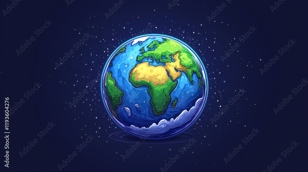 Fototapeta premium Pixelated Planet: A vibrant pixel art illustration depicting Earth, a symbol of our planet and its importance in the cosmos. The blue oceans, green continents.